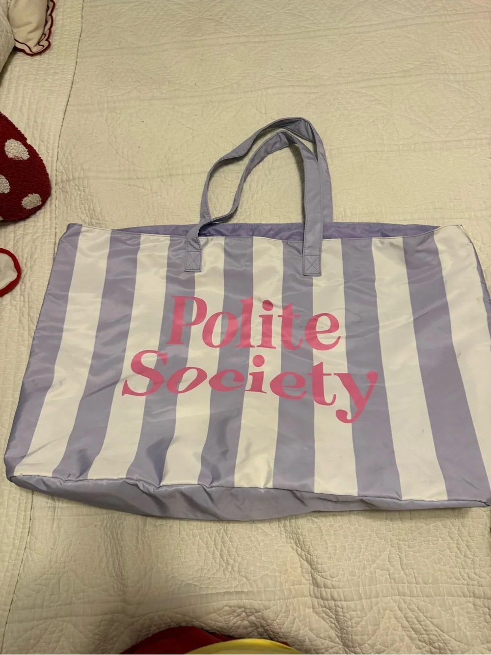 Polite Society Lavender & White Striped Cabana Tote Bag with Pink Logo